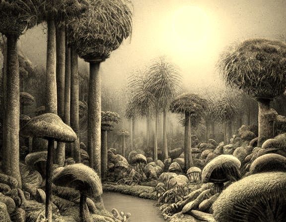 Fantasy Nighttime Scene with Palm Trees and Mushrooms in Imp...