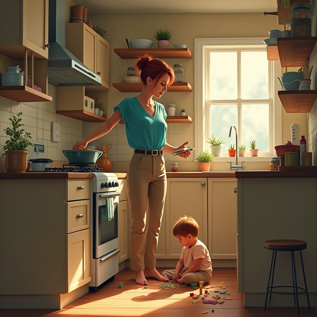 Woman Cooking Dinner in Hyperrealistic Style