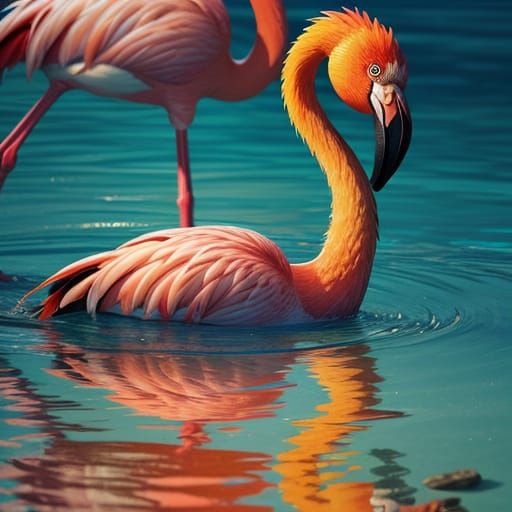 Vibrant Flamingo Reflected in Water, Golden Hour Cinematic S...