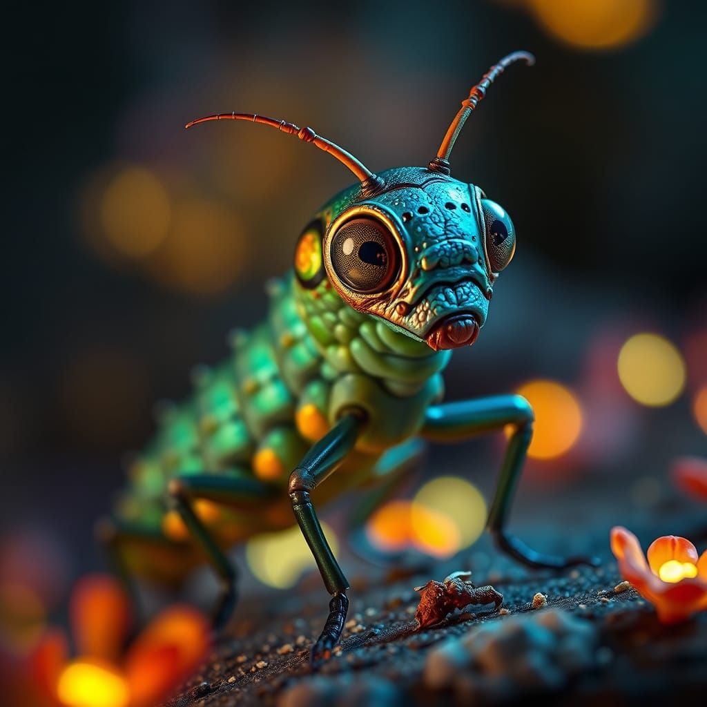 Photorealistic Alien Caterpillar with Human Eyes in Biolumin...