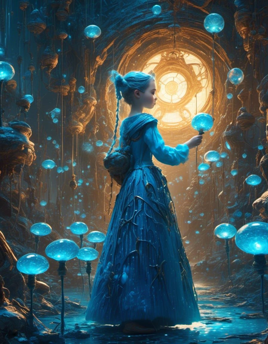 Blue Fairy Touches Pinocchio in Matrix Rain, Hyperrealistic