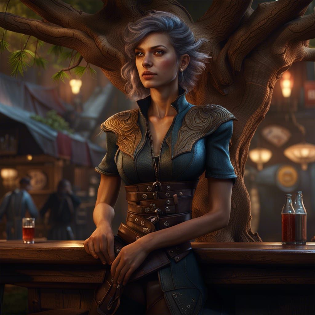 Fantasy Barmaid in Detailed Matte Painting Style