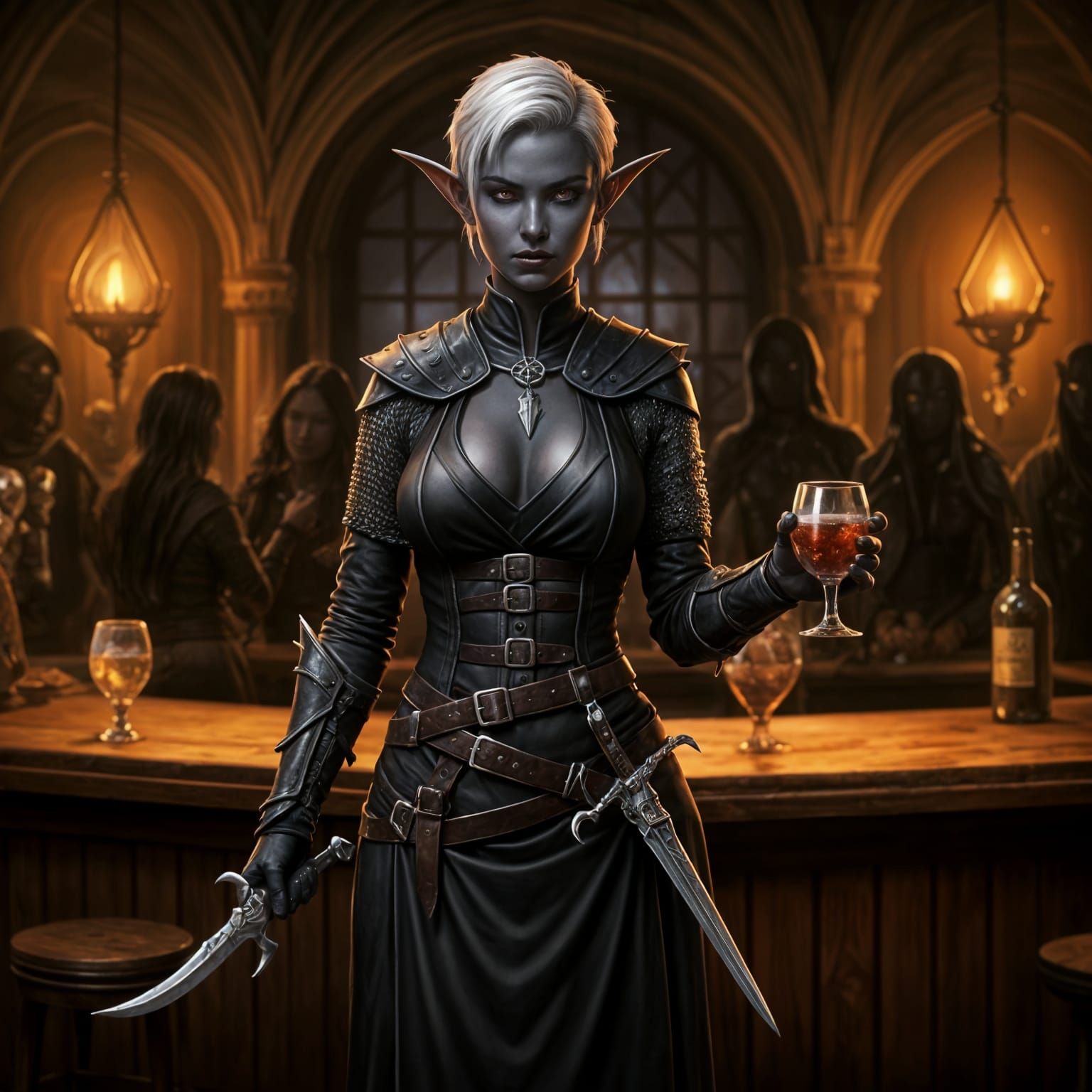 Dark Elf Bartender in Fantasy Tavern