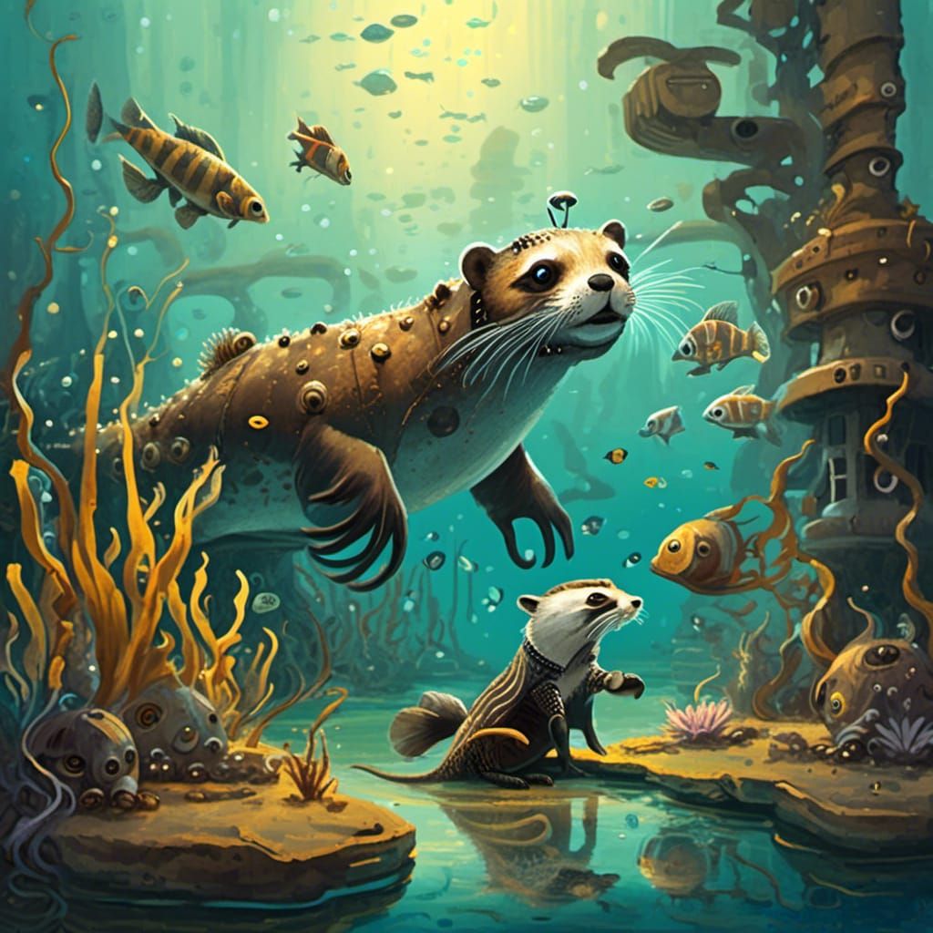 Sci-Fi Otter-Badger Exploring Sunken Ship