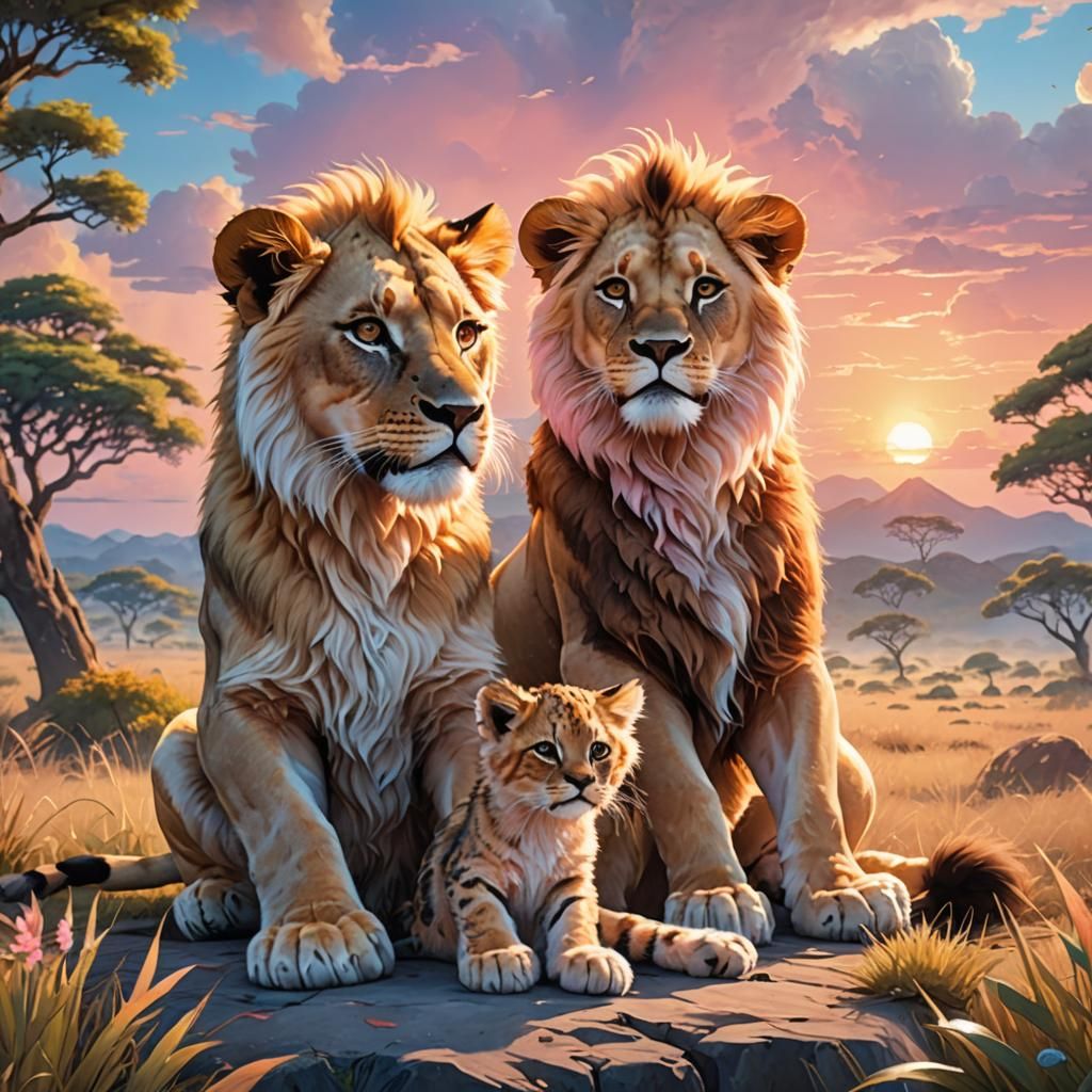 Anime Cat and Lion Cub Friendship at Sunset