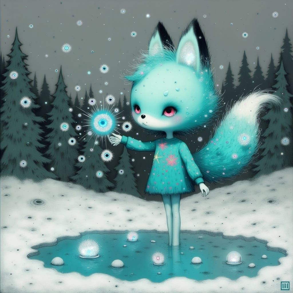 Turquoise Snow Fox Kit Leaps into Whimsical Winter Wonderlan...