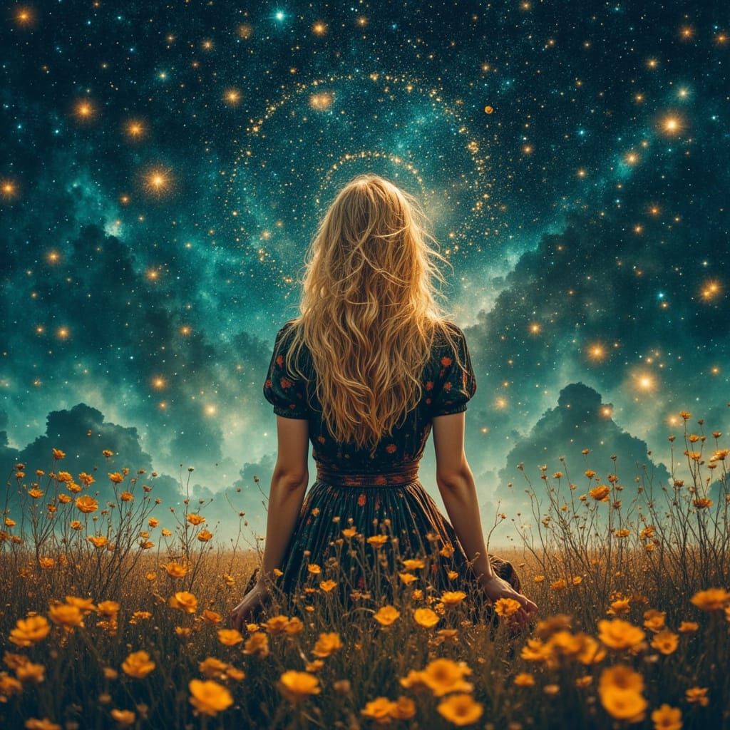 Women in Vibrant Starry Night Dreamscape