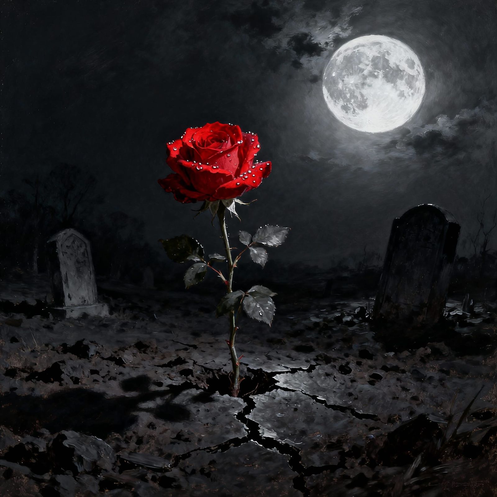 Red Rose Blooms from Grave Under Full Moon