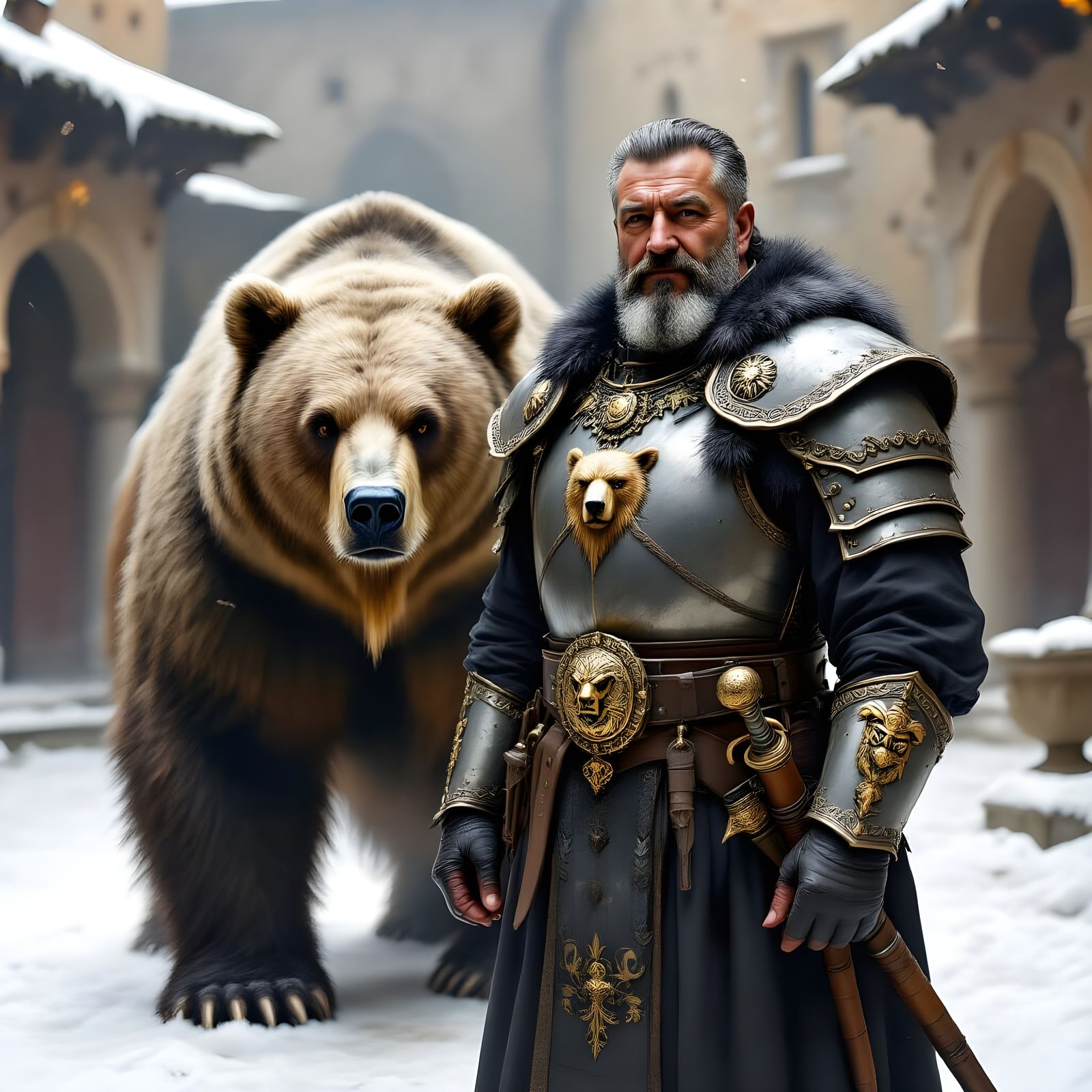 Kislevite Warlord and War Bear, Ceremonial Oil Painting