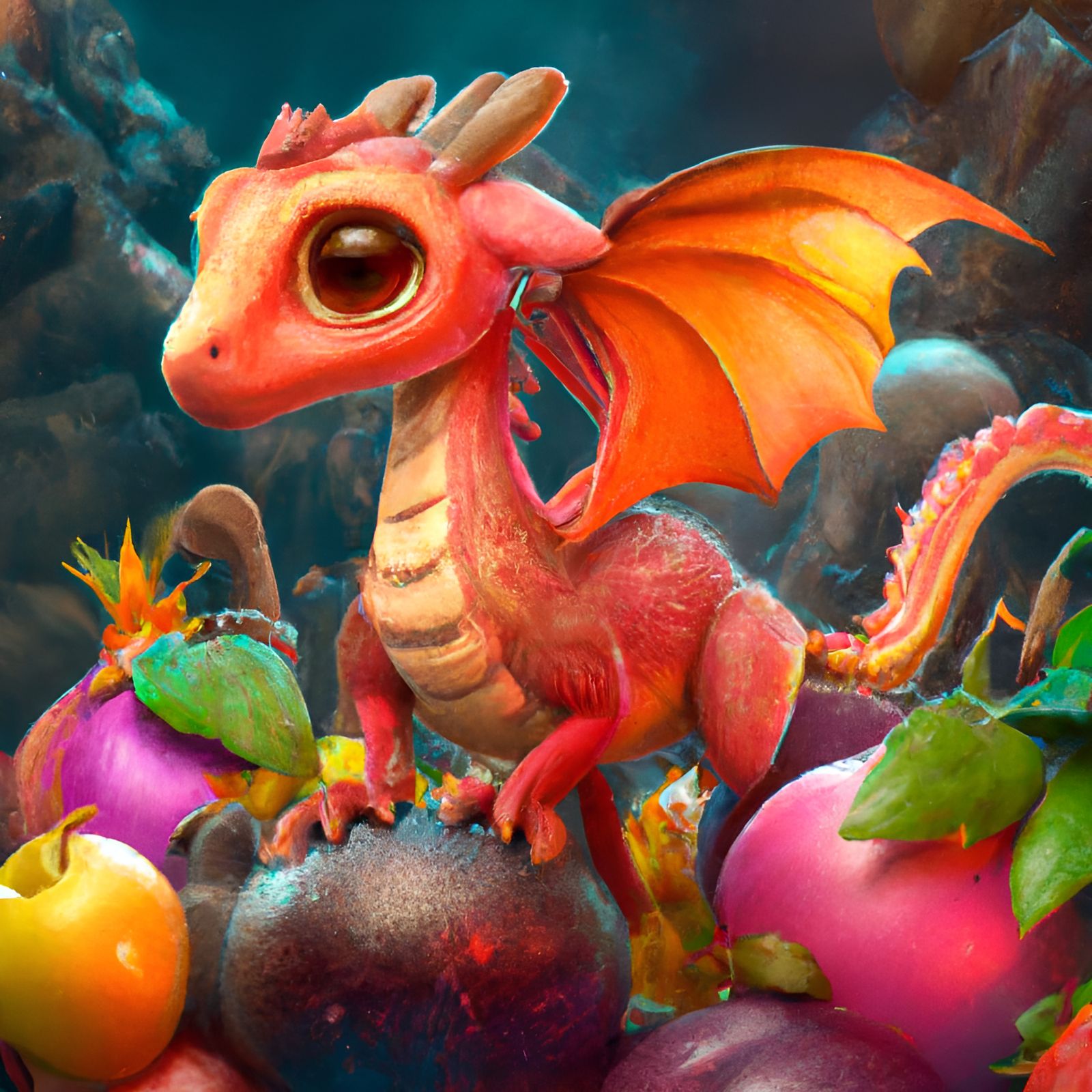 Baby Fire Dragon with Fruit, Art Nouveau Matte Painting