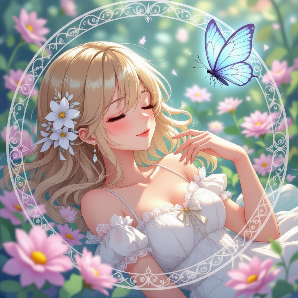 Anime Girl in Pastel Flower Garden, Art Nouveau Style