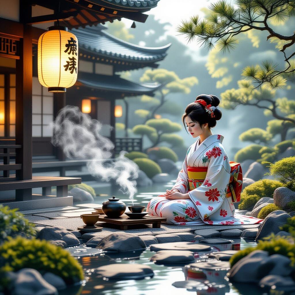 Serene Japanese Tea Ceremony in Misty Garden
