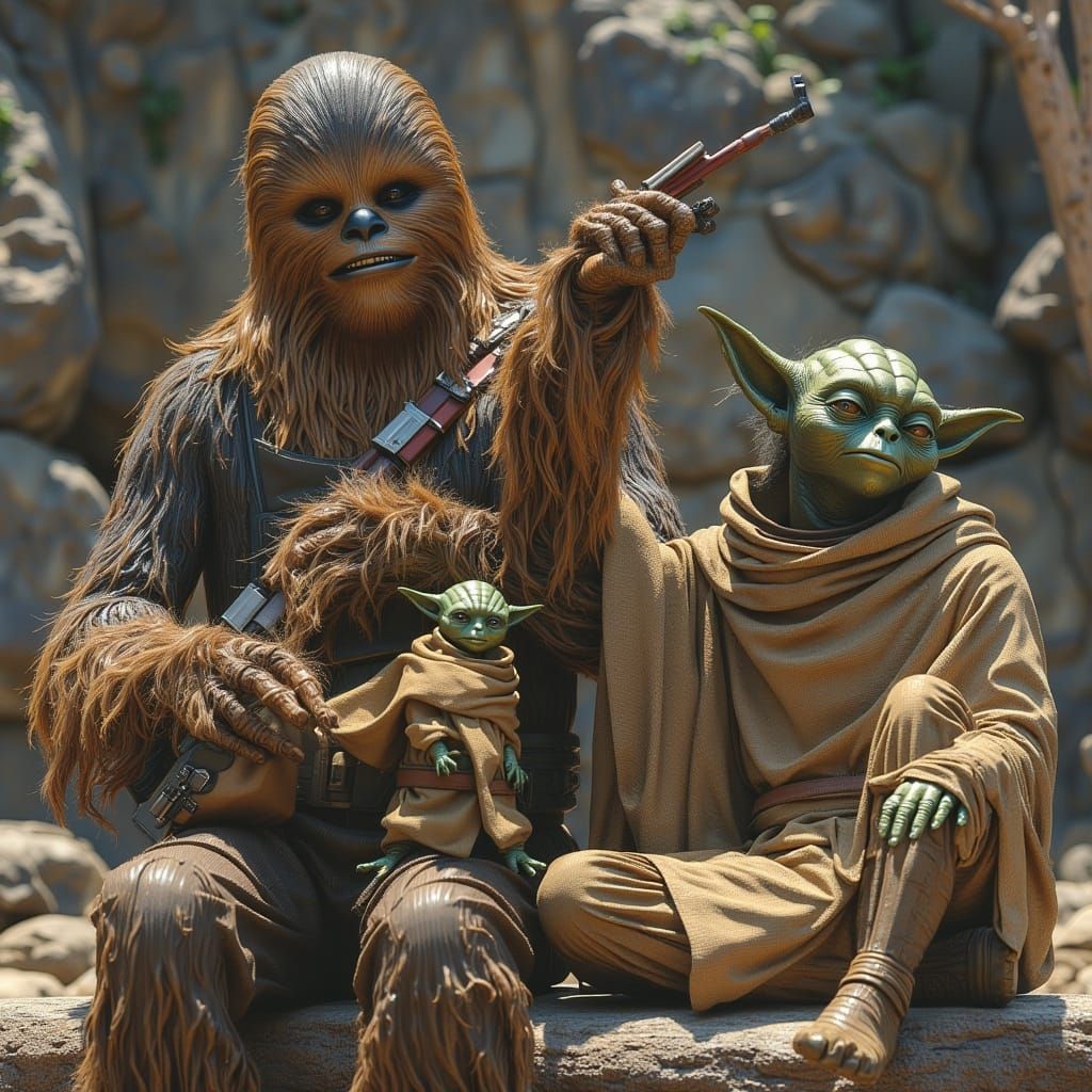 A poster with Harrison Ford as Han Solo posing with Chewbacc...