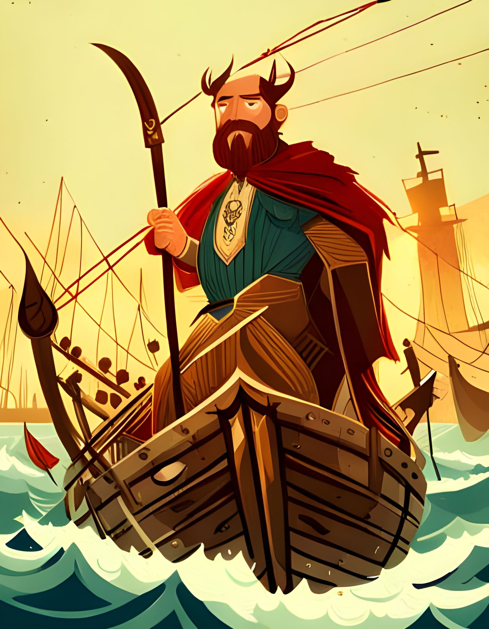Viking King Boat Illustration in Composite Art Style