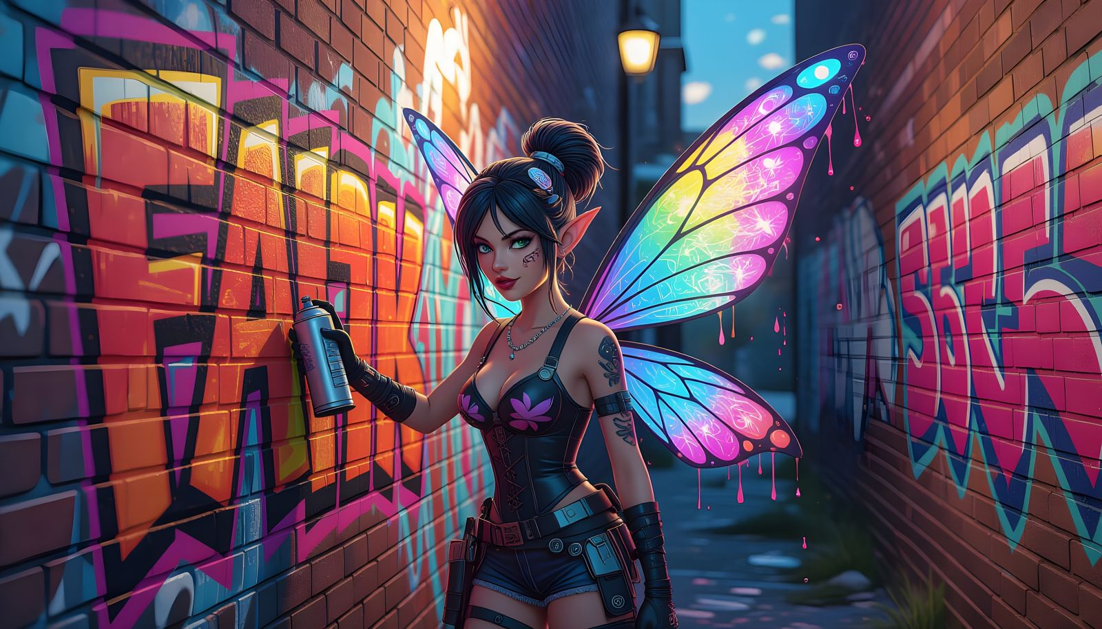 Graffiti Fairy Tags Brick Wall in Urban Alleyway