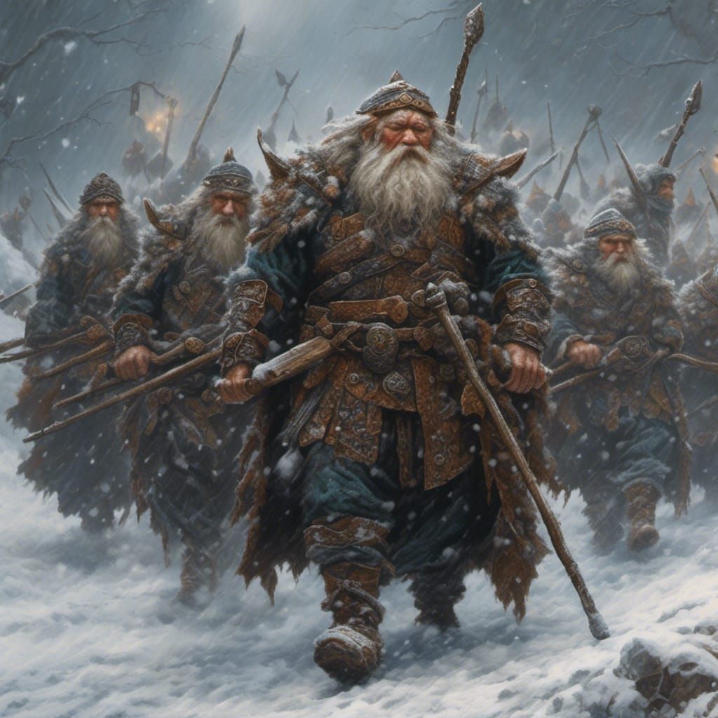 Dwarf Warriors Marching Through Snowstorm