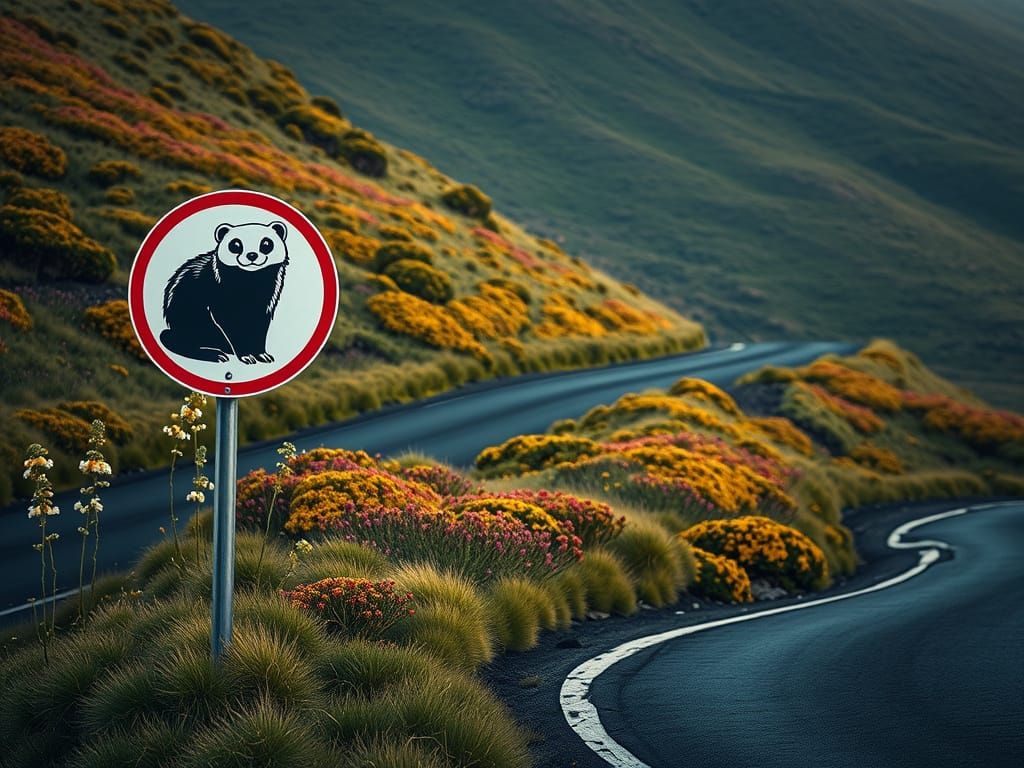 Realistic Stoat Traffic Sign in Heathland Landscape
