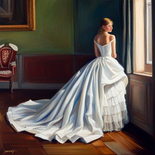 Bride in Satin Wedding Dress Oil Painting