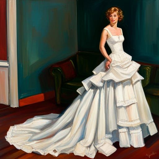 Bride in Satin Wedding Dress, Oil Painting Style