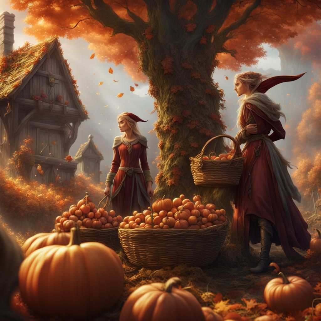Elven Autumn Harvest: Detailed Matte Painting