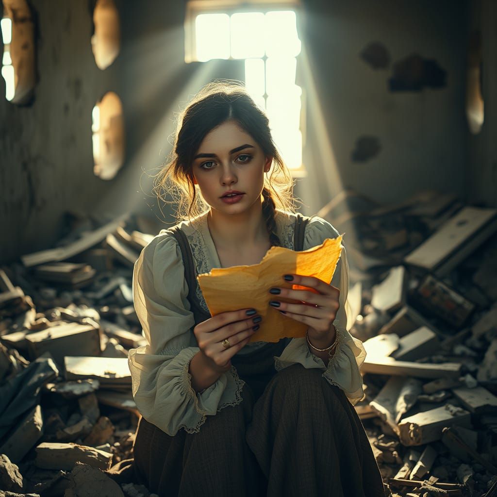 Young Woman Contemplates Faded Love Letter in Bombed-Out Roo...