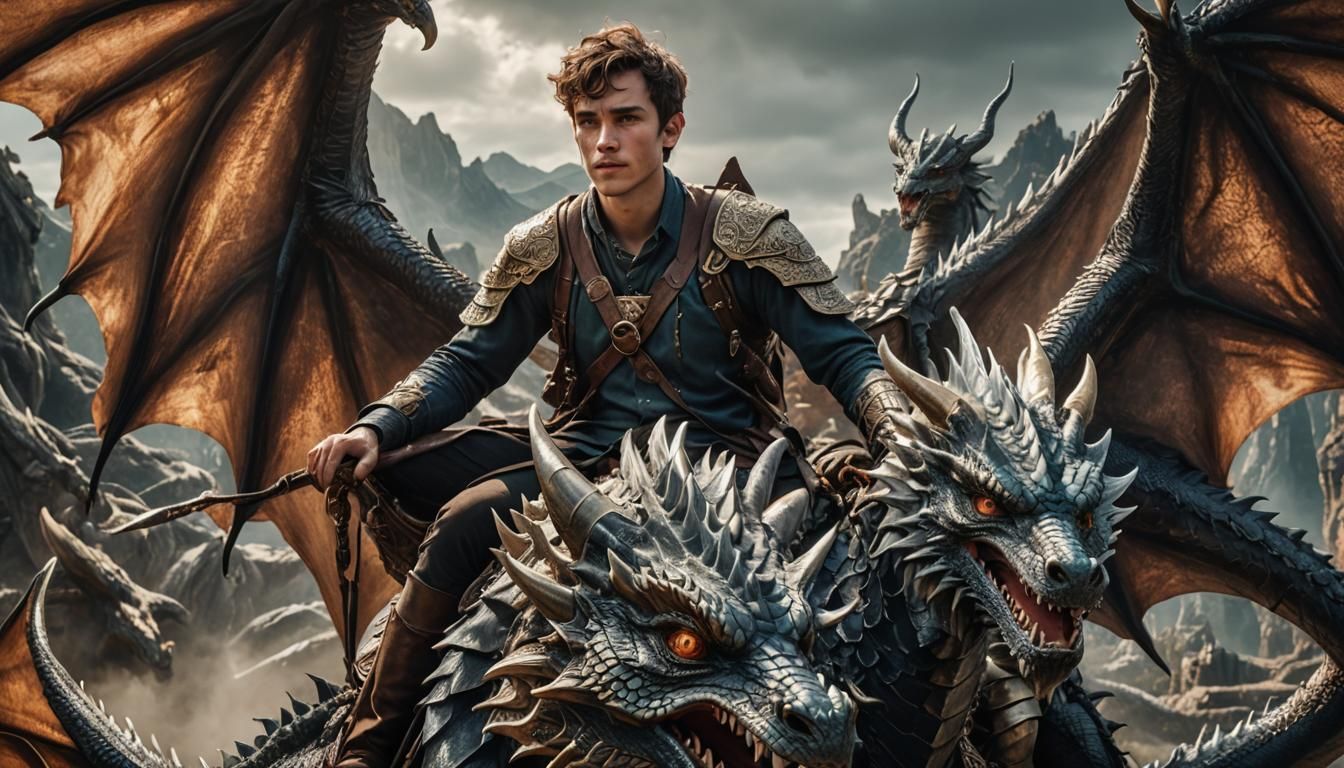 Young Man Rides Two-Headed Dragon in Dark Fantasy Art