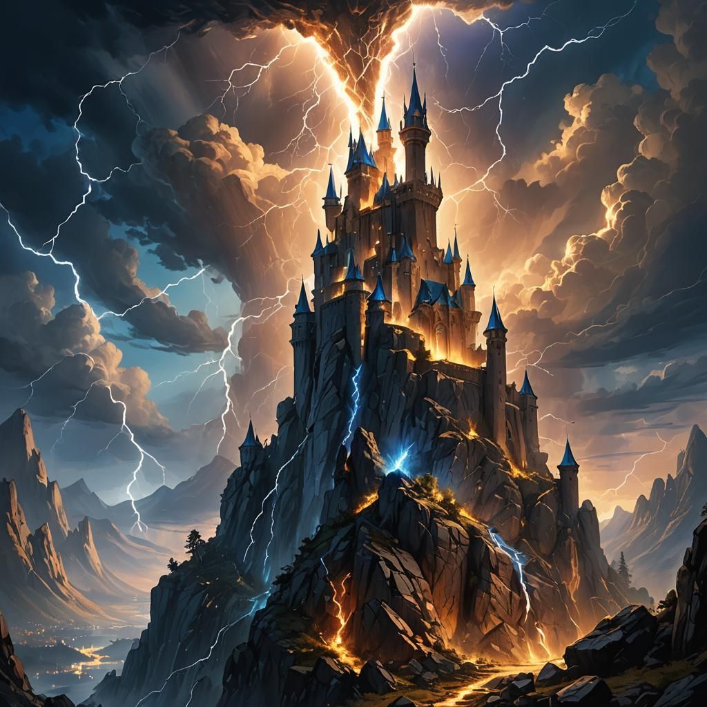 Majestic Lightning Castle on Mountain Peak