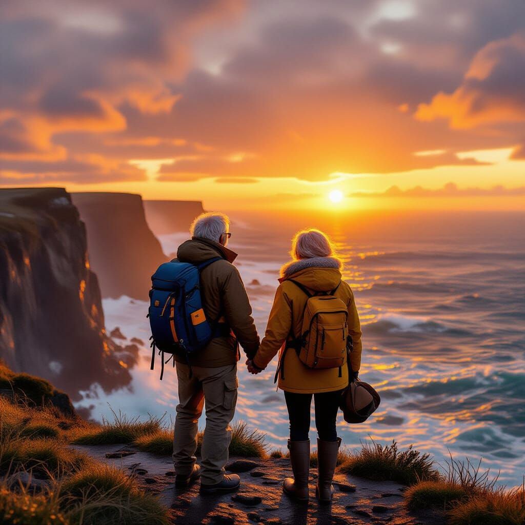 Elderly Couple Watching Sunset in Hyperrealistic Style