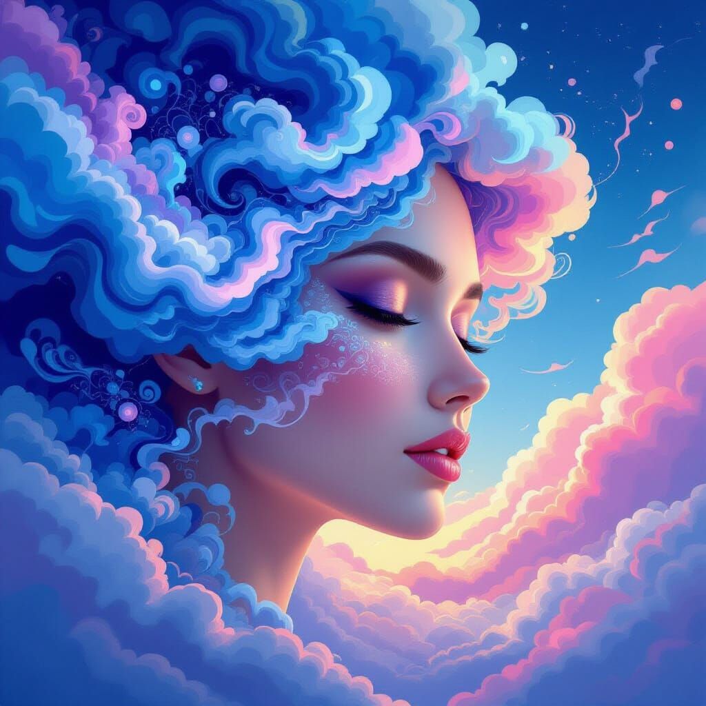 Ethereal Woman's Face in Sky with Abstract Fractals