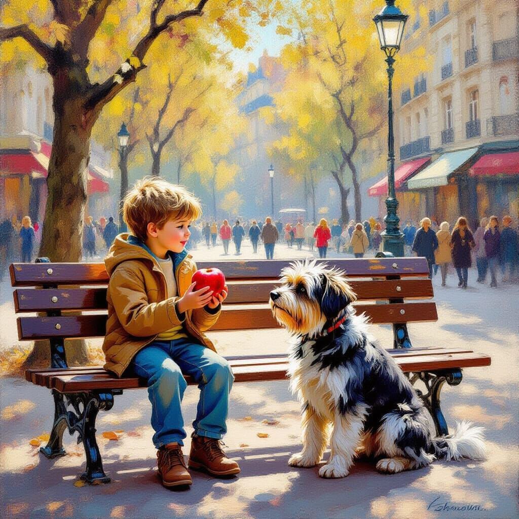 Boy Shares Apple With Dog in City Square Impressionistic Pai...