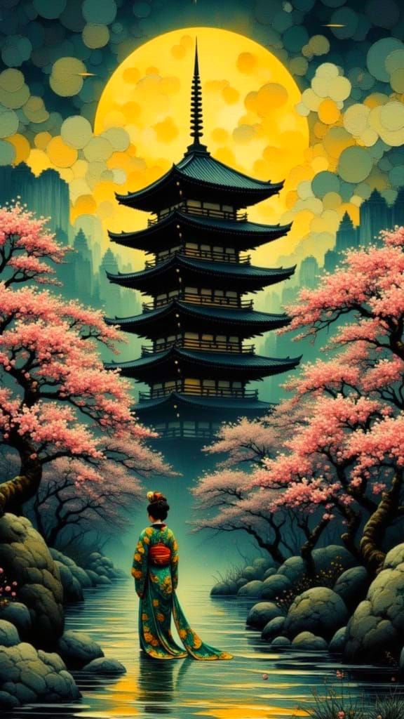 Ethereal Pagoda in Moonlit Cherry Blossoms