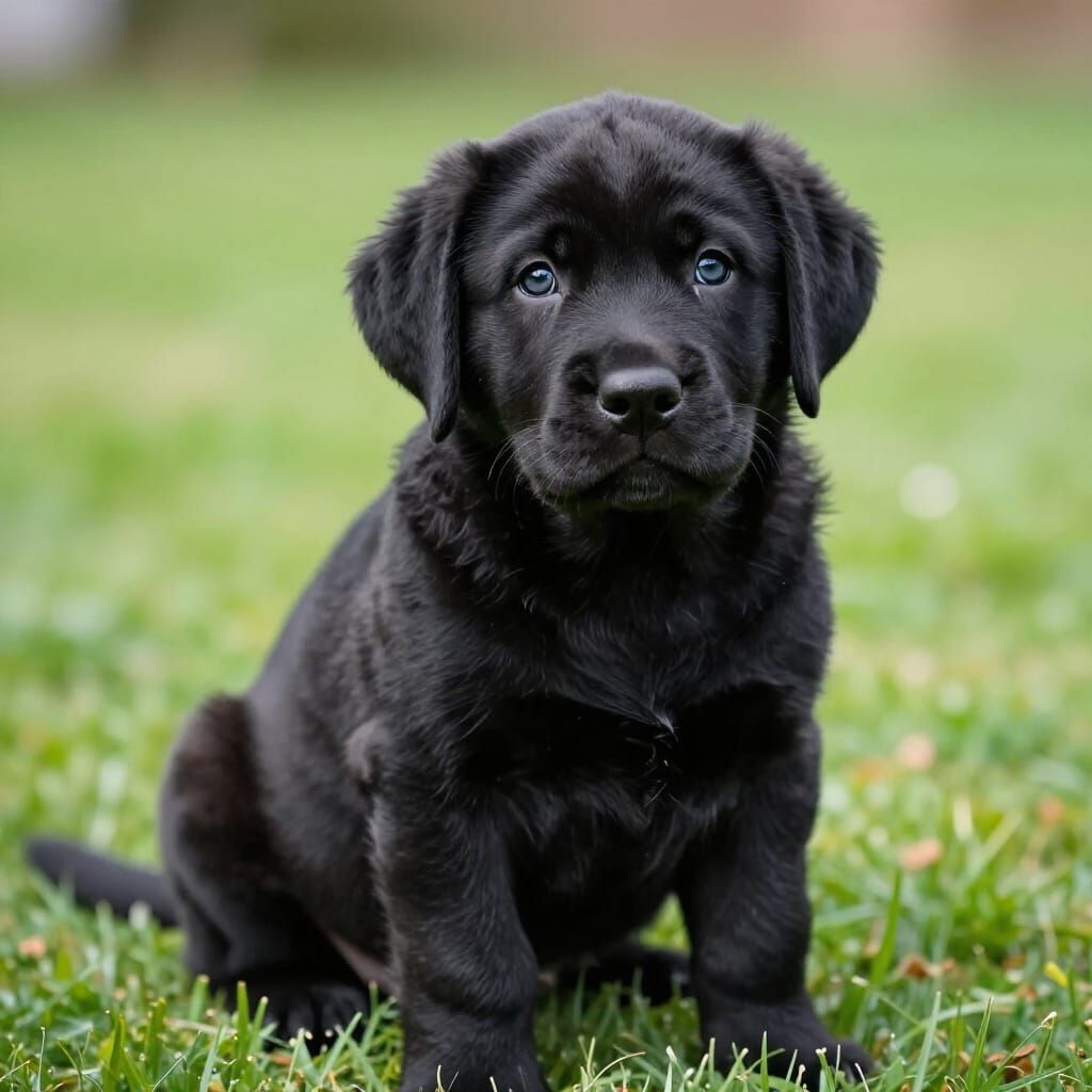 Hyperrealistic Black Lab Puppy on Green Lawn