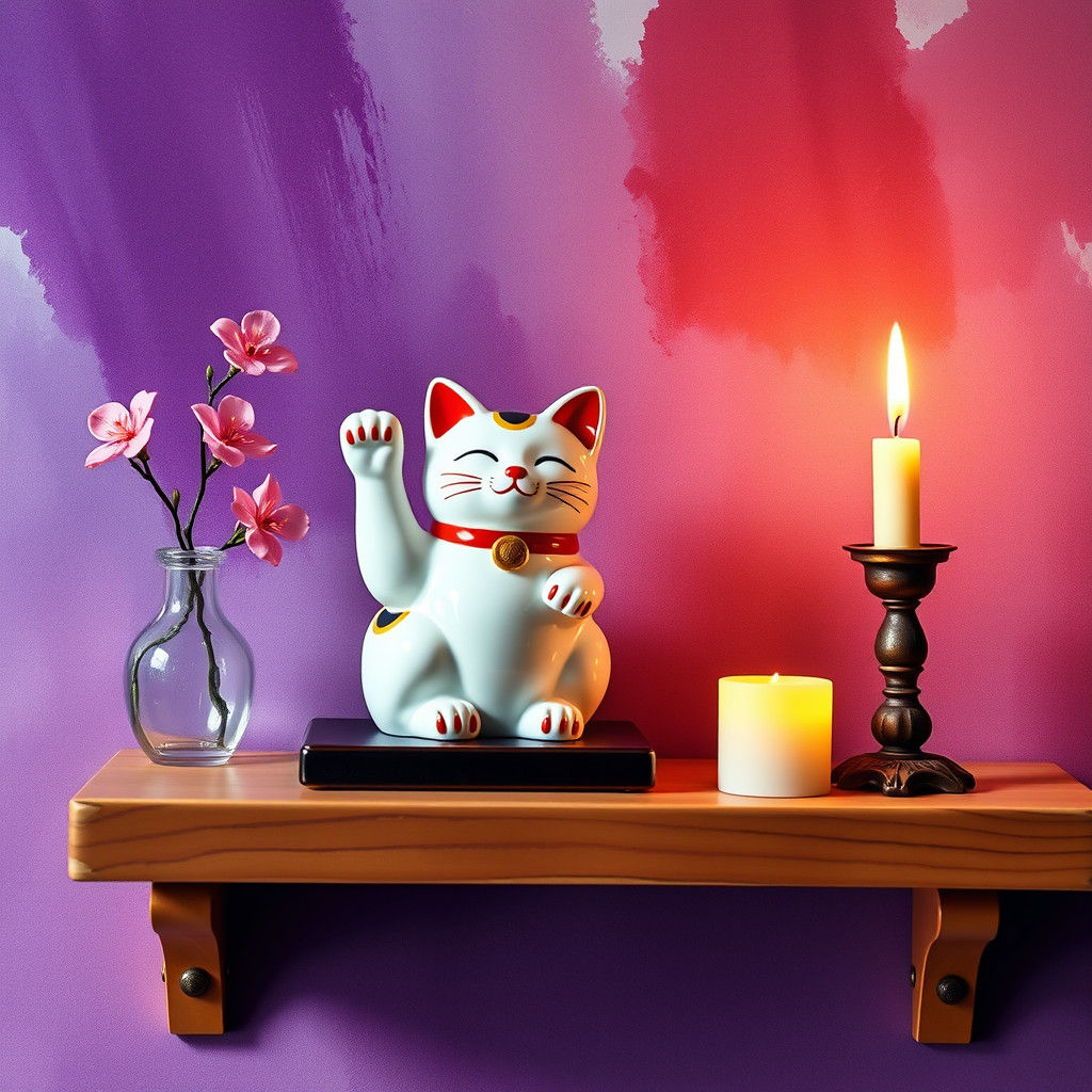 Hand-Painted Maneki-Neko Figurine with Cherry Blossoms