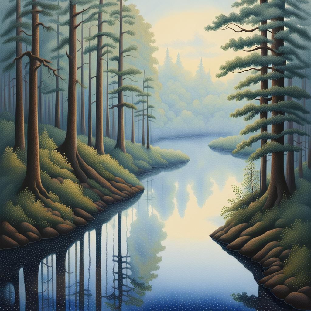 Misty Forest River in Pointillism Style
