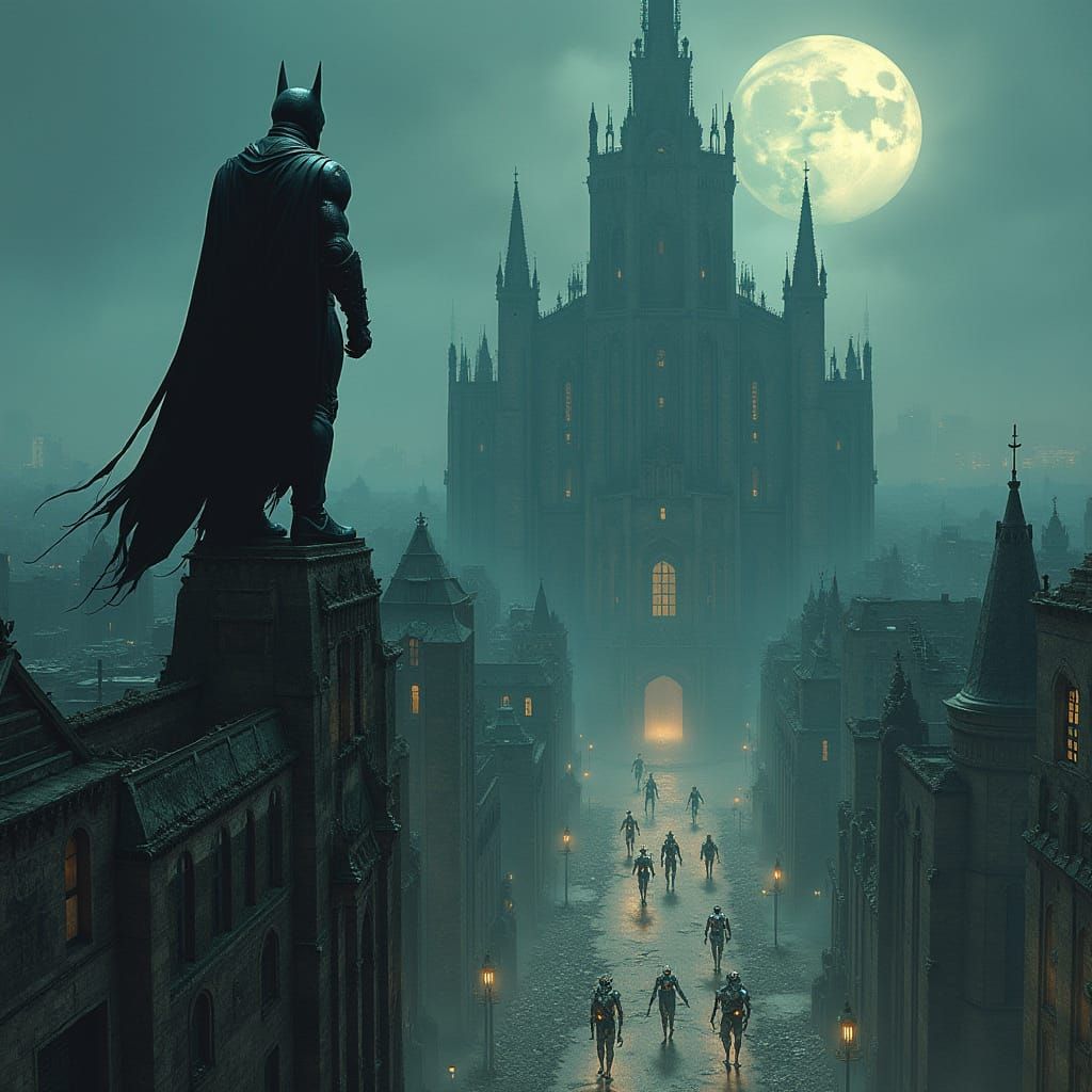 Batman Surveys a Dystopian Cityscape from a Gothic Cathedral