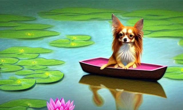 Chihuahua on Lotus Lake in Impressionistic Style