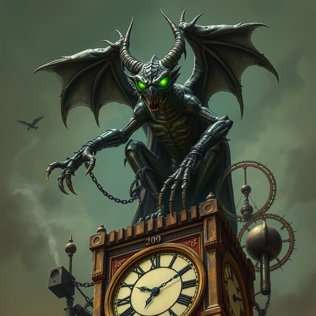 Gothic Gargoyle on Steampunk Clock Tower