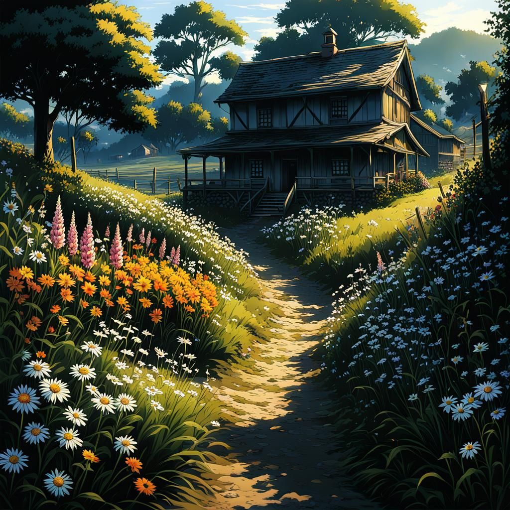 Anime Countryside Scene in Chiaroscuro Style