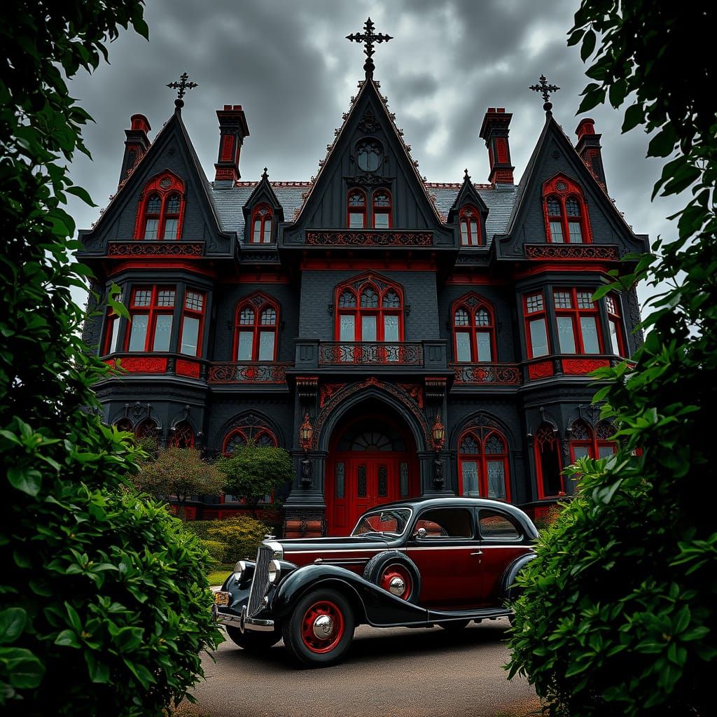 Gothic Mansion with Vintage Car in Moody Light