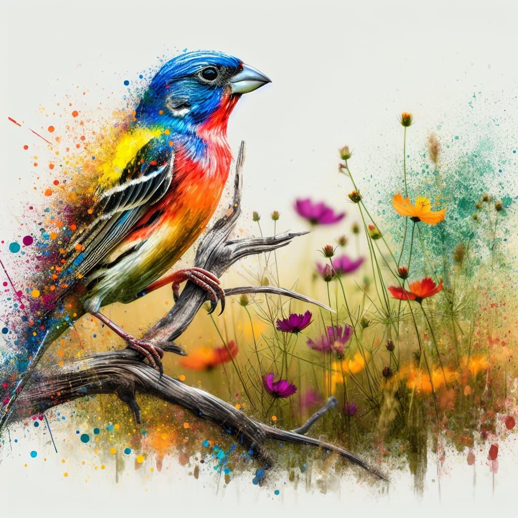 Vibrant Painted Bunting in Wildflower Field