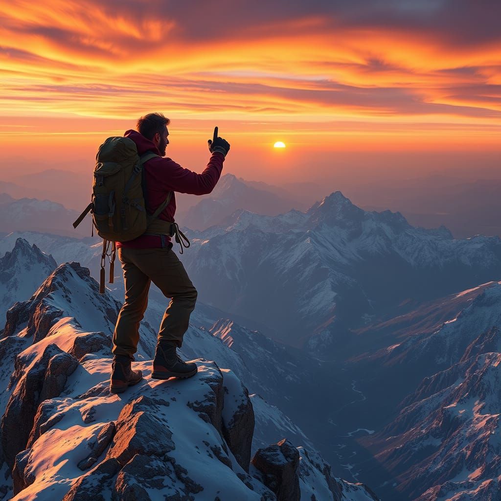 Man Reaches Mountain Summit at Sunset