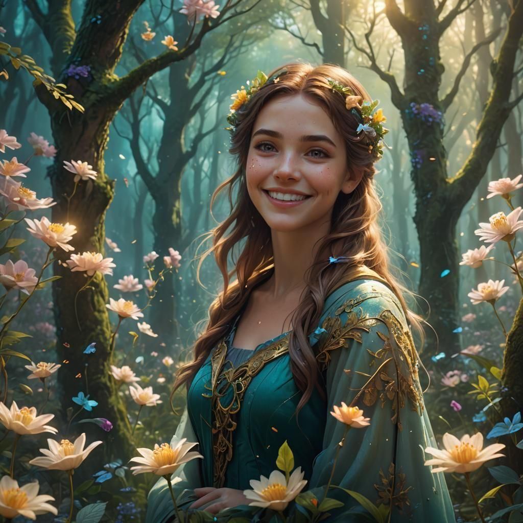 Enchanting Girl Smiling in Nature, Detailed Fantasy Art