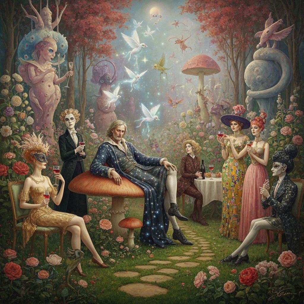 Surreal Garden Party with Mushroom Prince