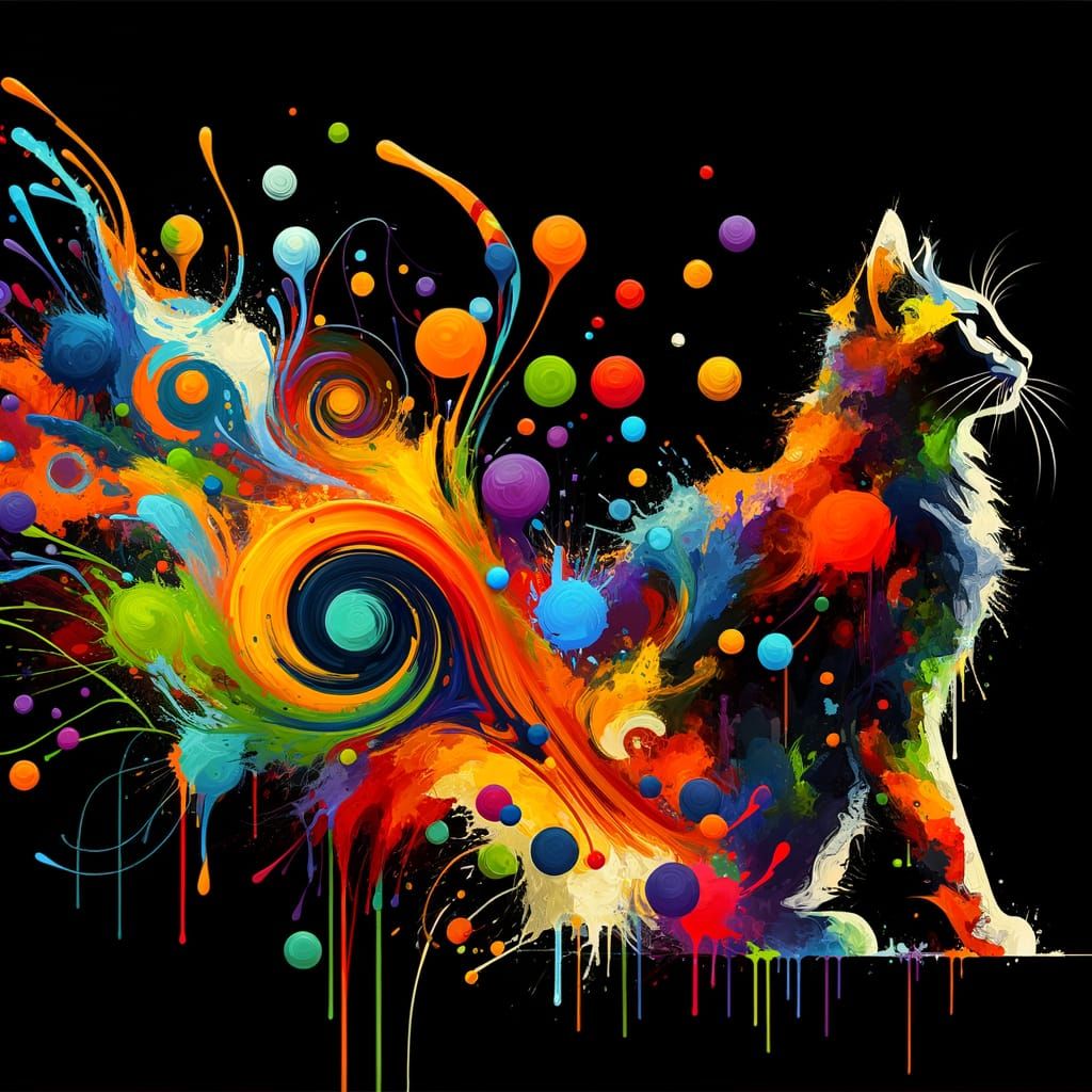 Abstract Drip Painting of Dynamic Cat Silhouette