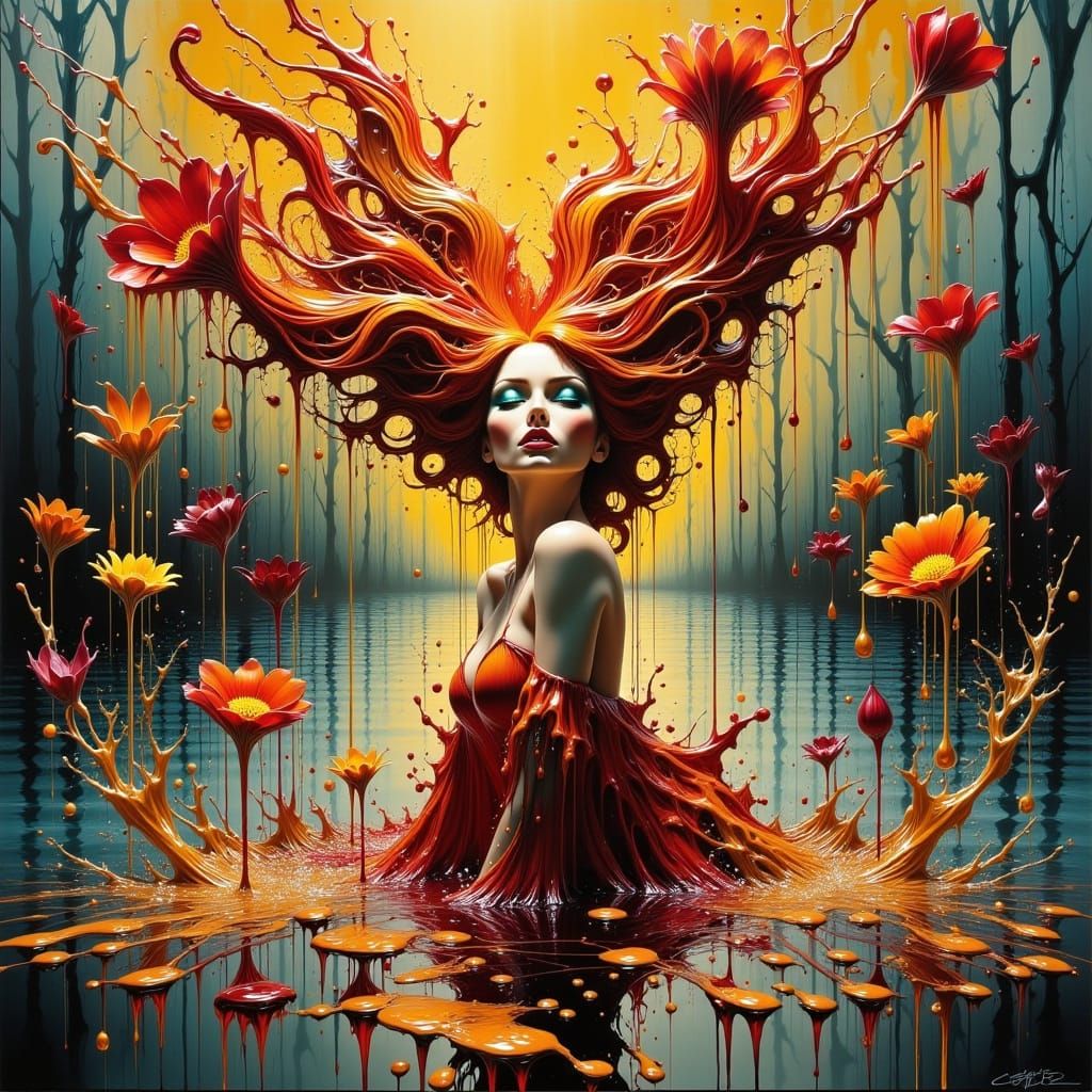 Boho Woman with Ginger Hair in Village Landscape