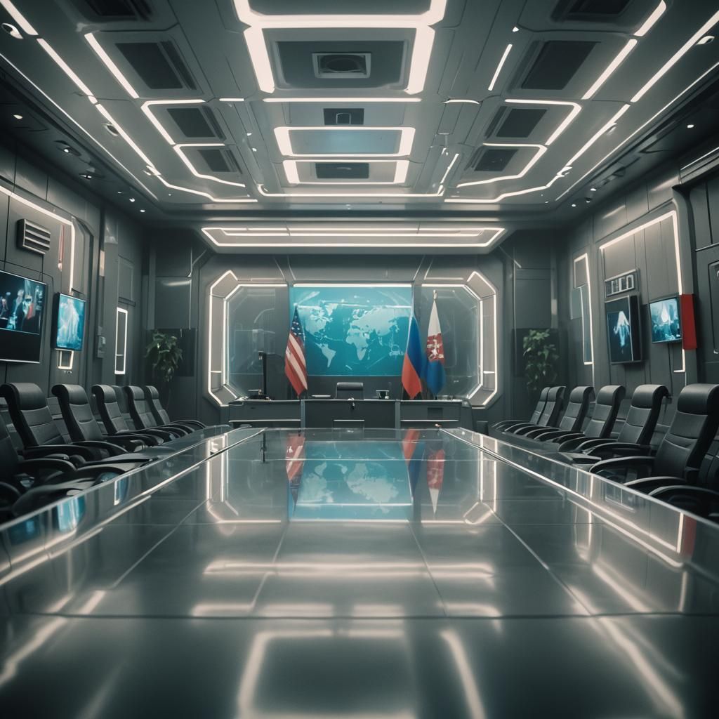 Futuristic Political Meeting Room with Russian Undertones