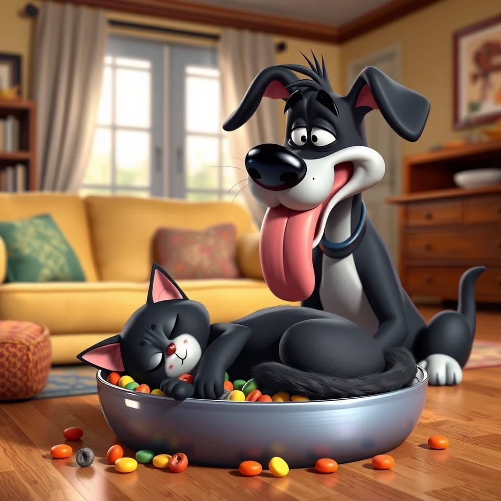 Goofy Dog Watches Sad Cat Enjoy His Food in Cozy Living Room