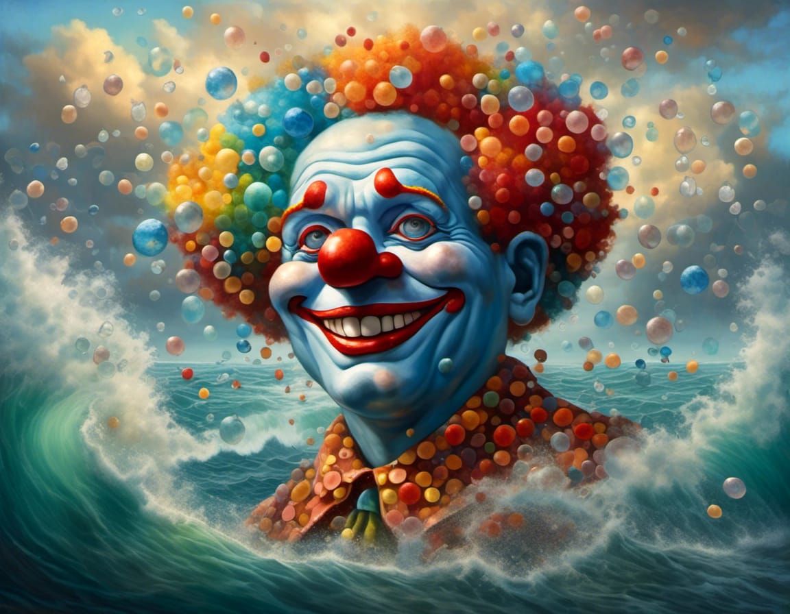 Mosaic Clown Face in Stormy Sea, Surreal Oil Painting