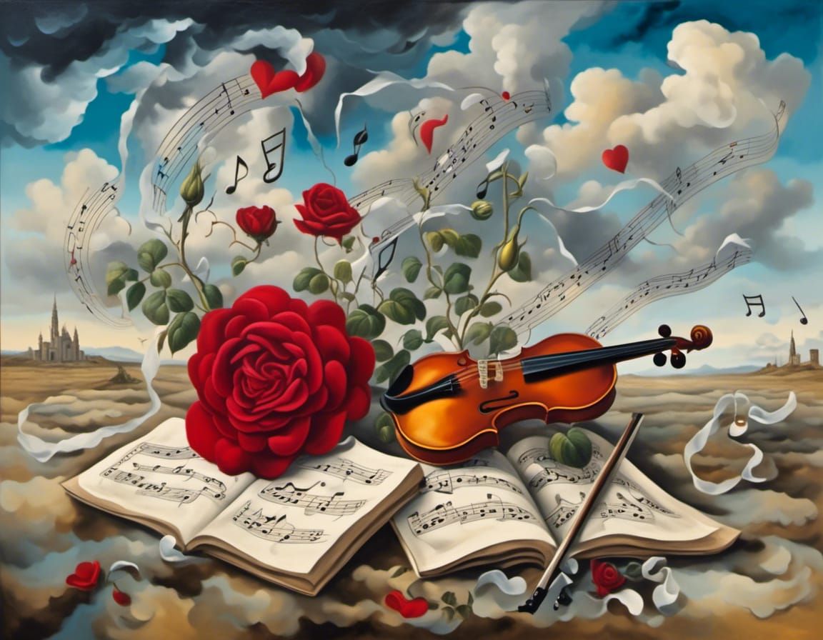 Surreal Cracked Land with Rose, Violin and Clouds
