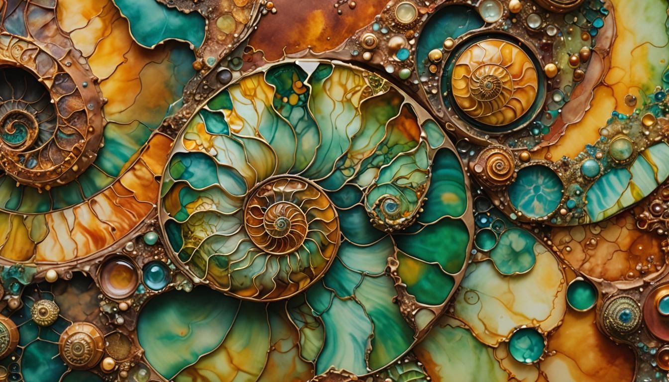 Nautilus Shell in Desert, Surreal Alcohol Ink Art